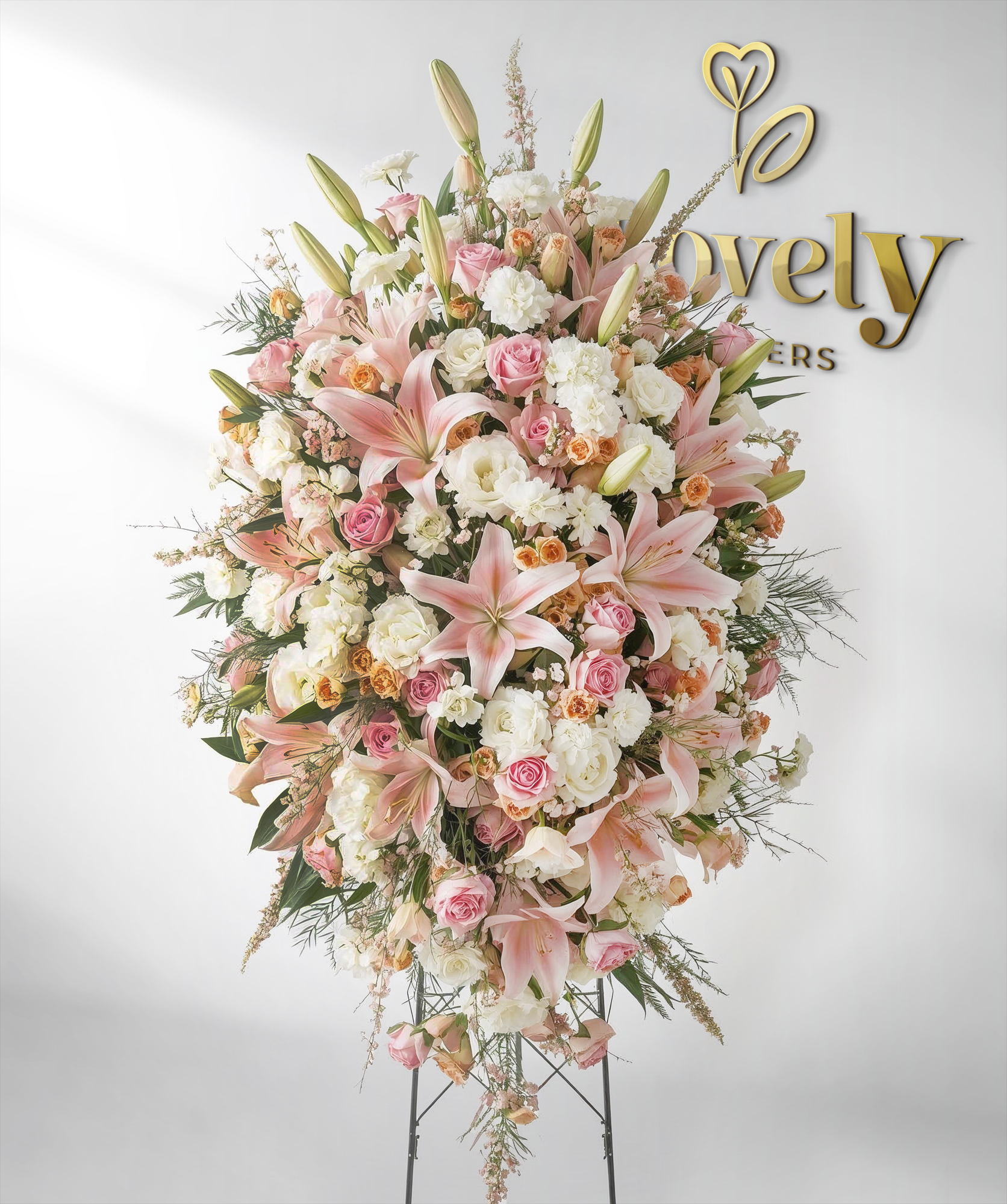 lily flower arrangement for funeral Elegant Pink Lily and Rose Sympathy Standing Spray