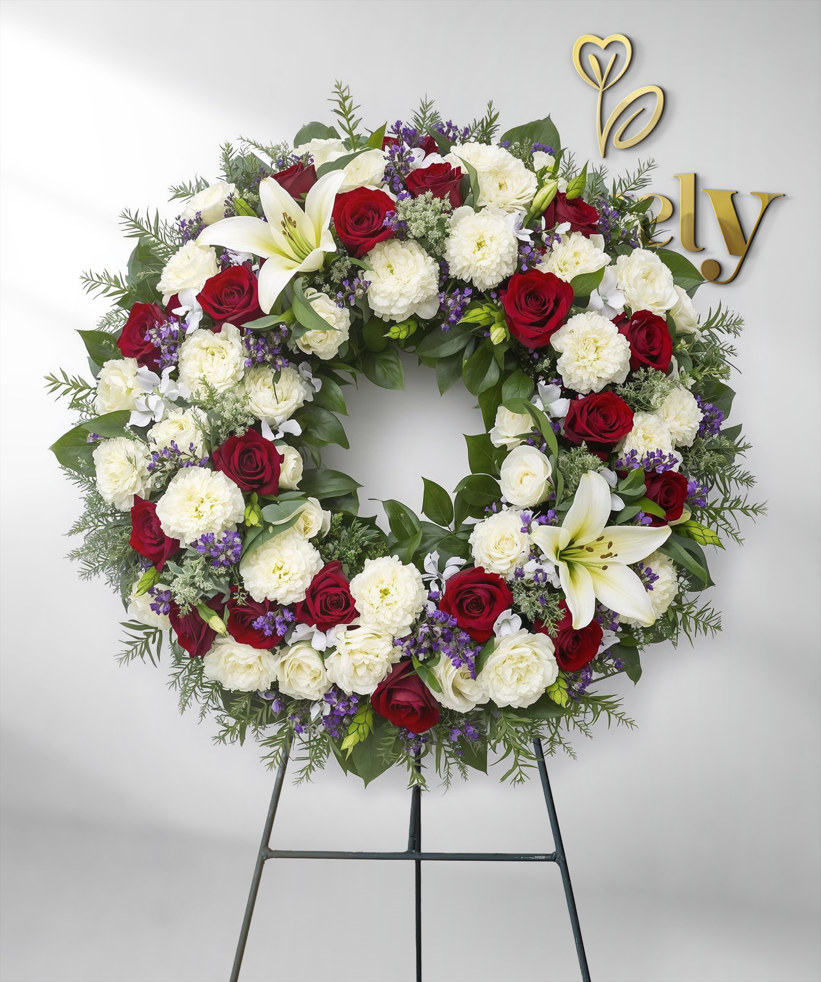 white lily funeral wreath Classic Red Rose & White Lily Funeral Wreath