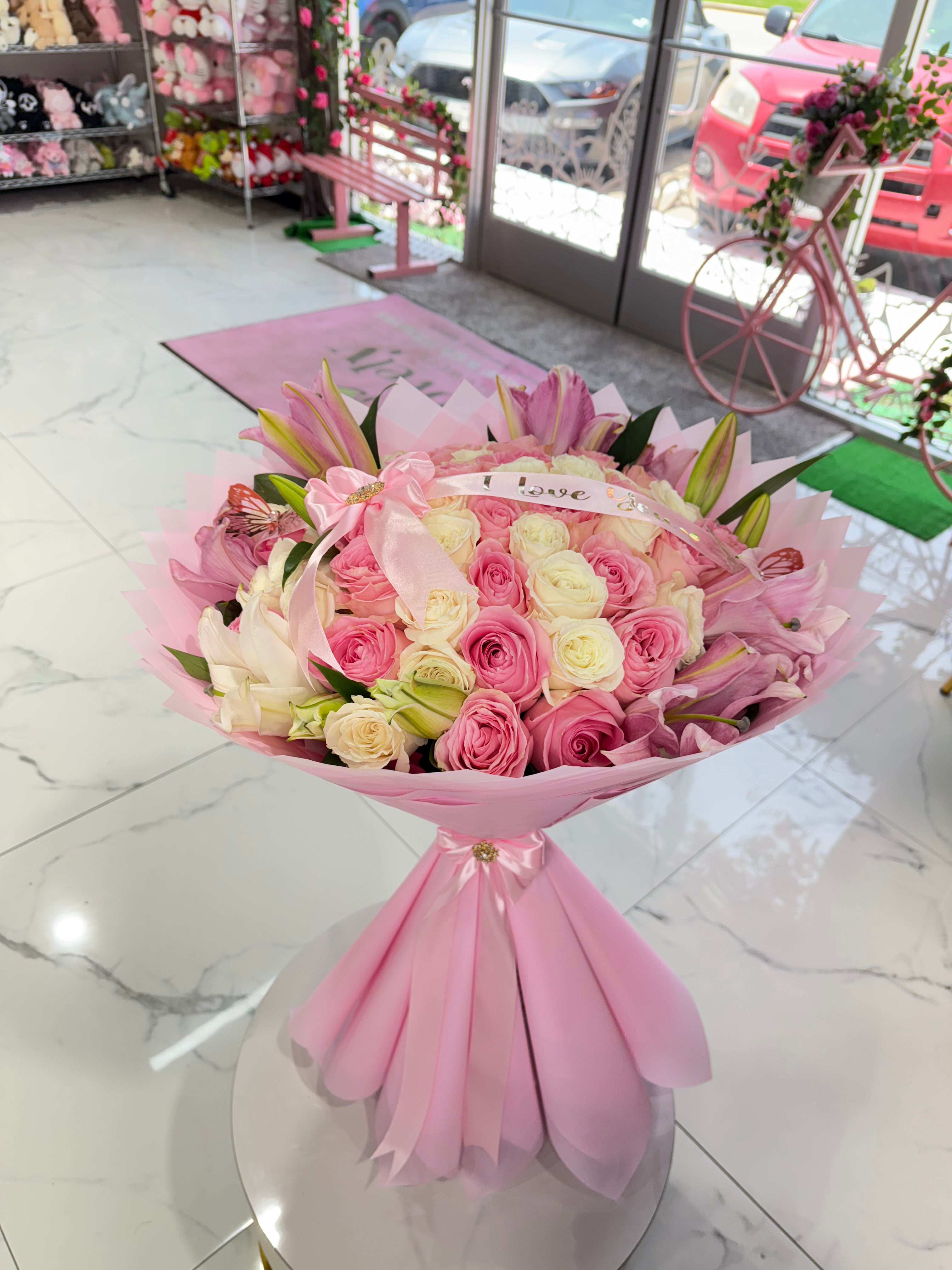 white roses and pink lilies 50 White and Pink Roses + Lilies