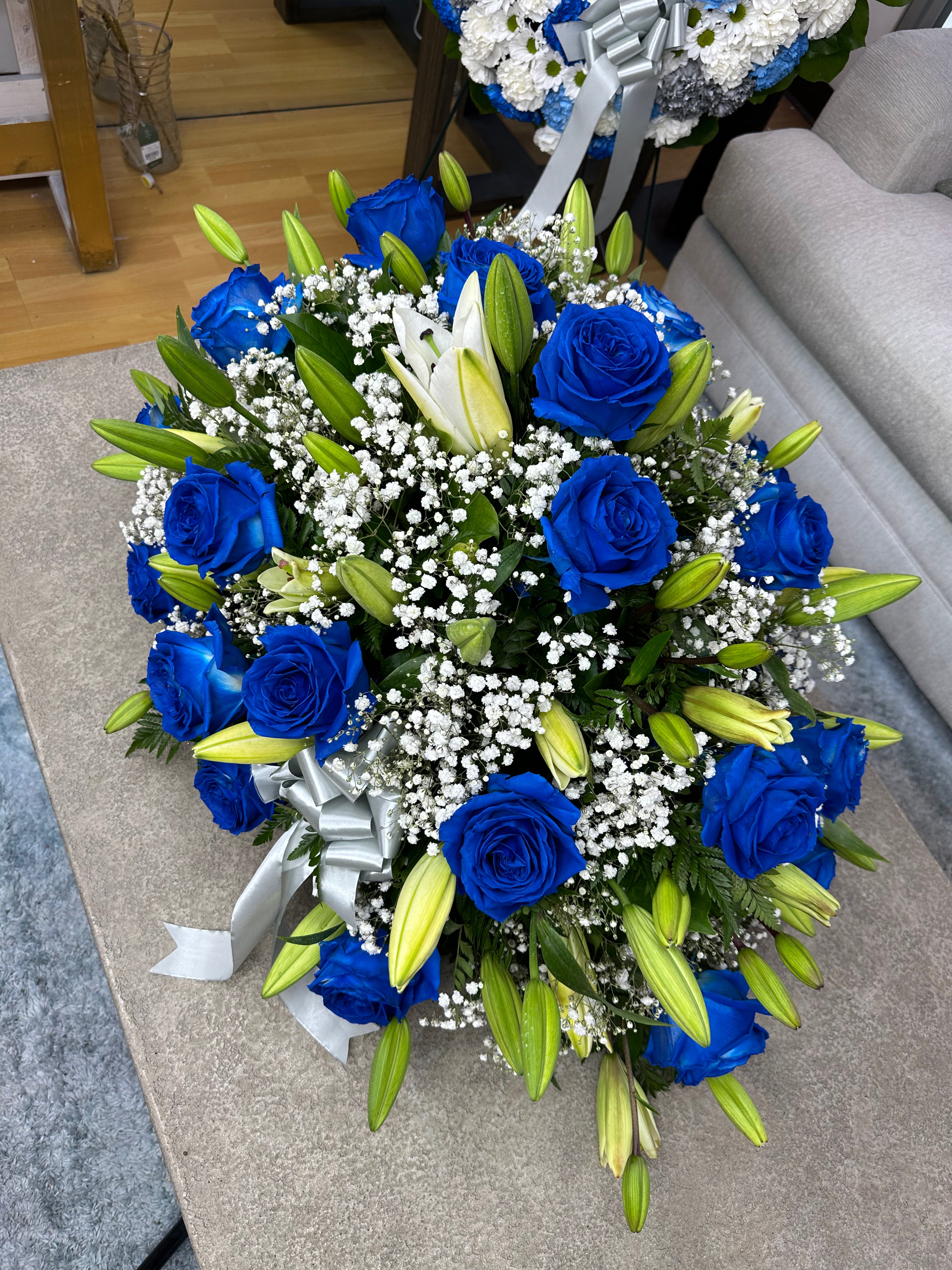 Blue & White Mixed Half Casket Cover – Lovely Flowers