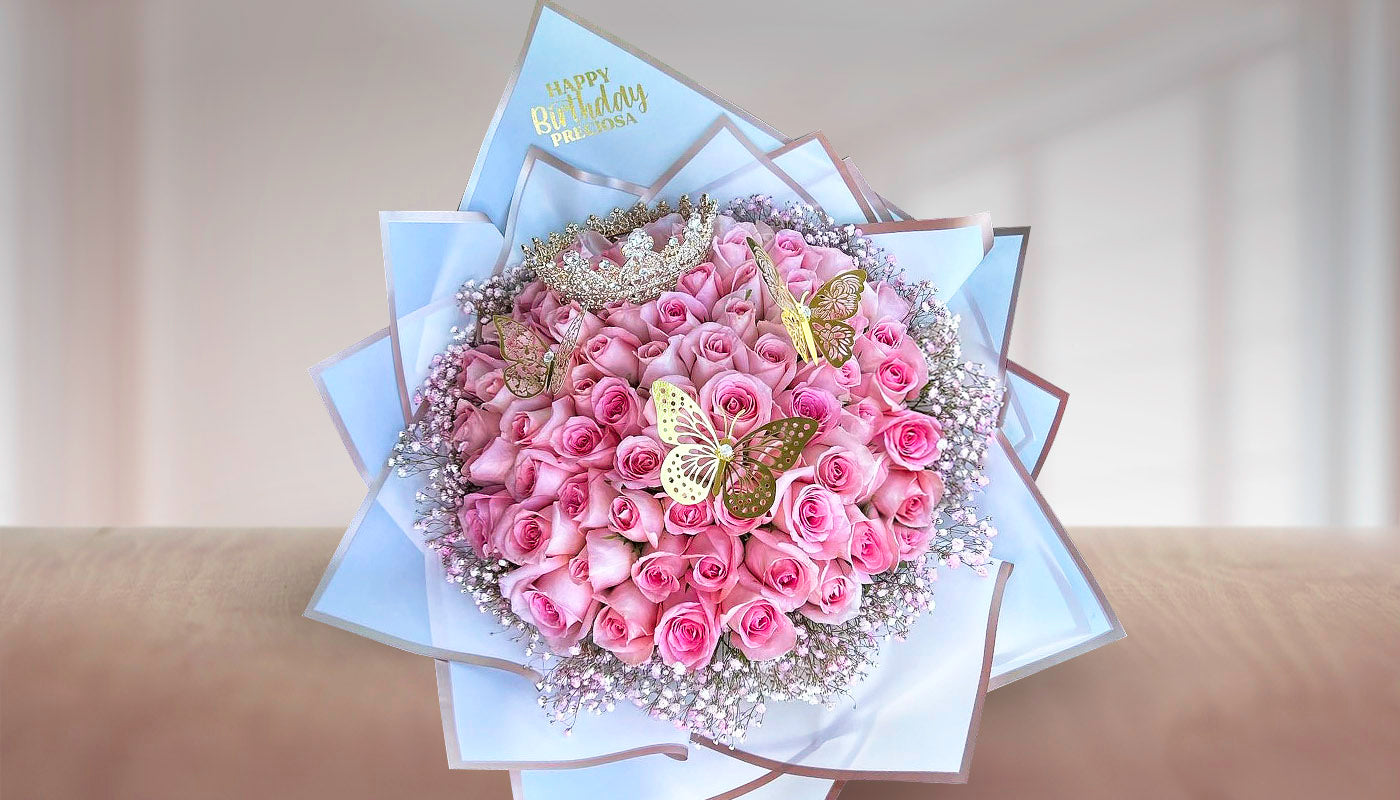 100 Pink Roses & Blue Wrapping