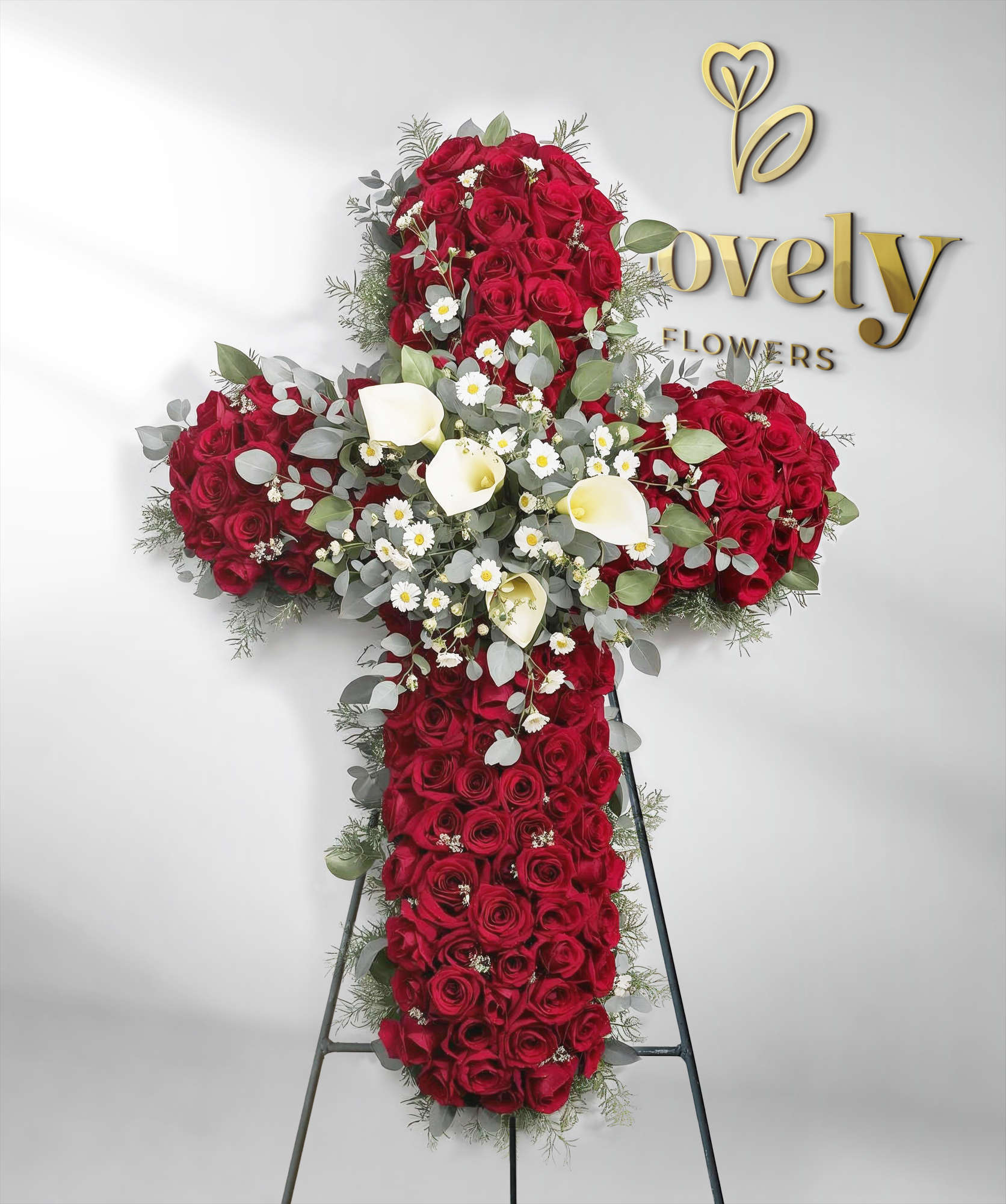 Elegant Red Rose and Calla Lily Memorial Cross Standing Spray