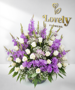 Premium White Rose and Royal Purple Larkspur Floral Display