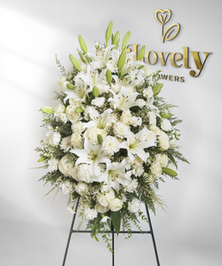 Elegant White Sympathy Standing Spray with Lilies, Roses and Fresh Greenery