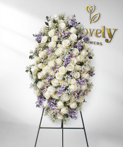 Elegant White Rose and Lavender Sympathy Standing Spray