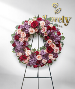 Luxury Red and Blush Rose Sympathy Wreath with Purple Hydrangeas