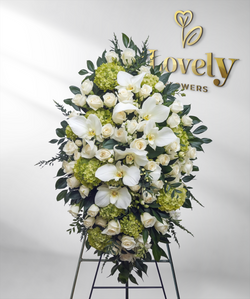 Exquisite Grace: White Orchid, Rose, and Green Hydrangea Standing Spray