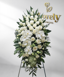 Elegant White Rose and Orchid Funeral Standing Spray
