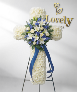 Serene Blue & White Standing Funeral Cross Spray