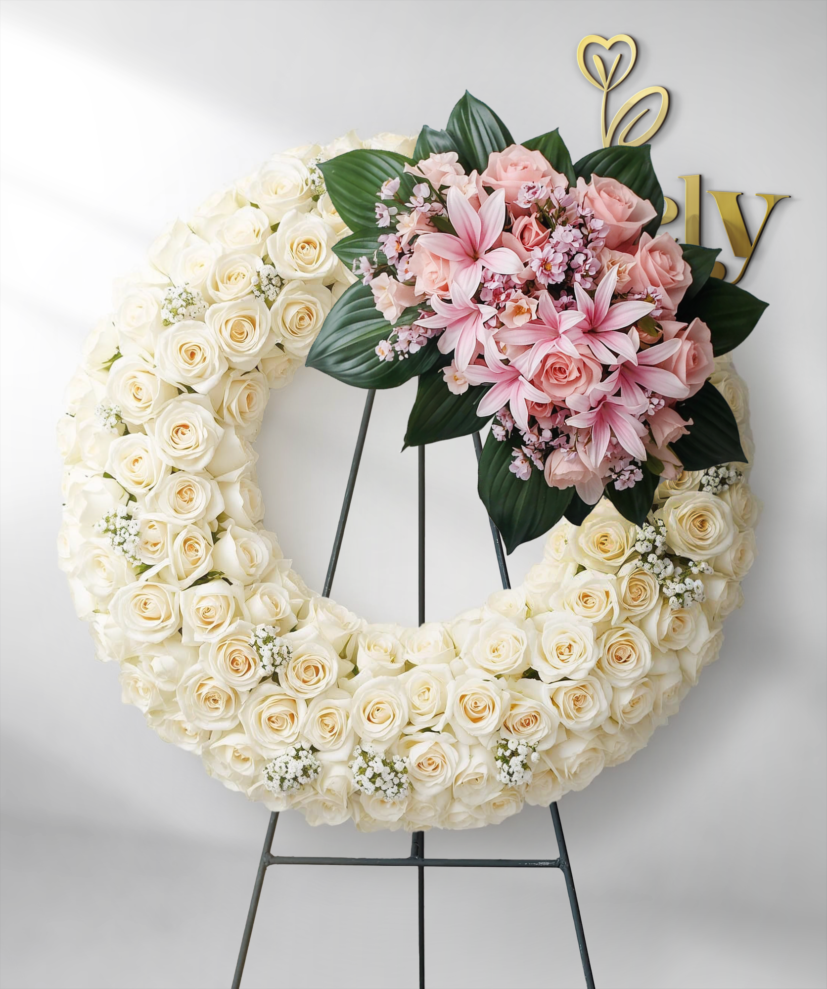 Elegant White Rose Funeral Wreath with Pink Lilies & Blush Roses