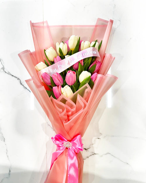 20 Pink & White Tulip Bouquet with Personalized Ribbon