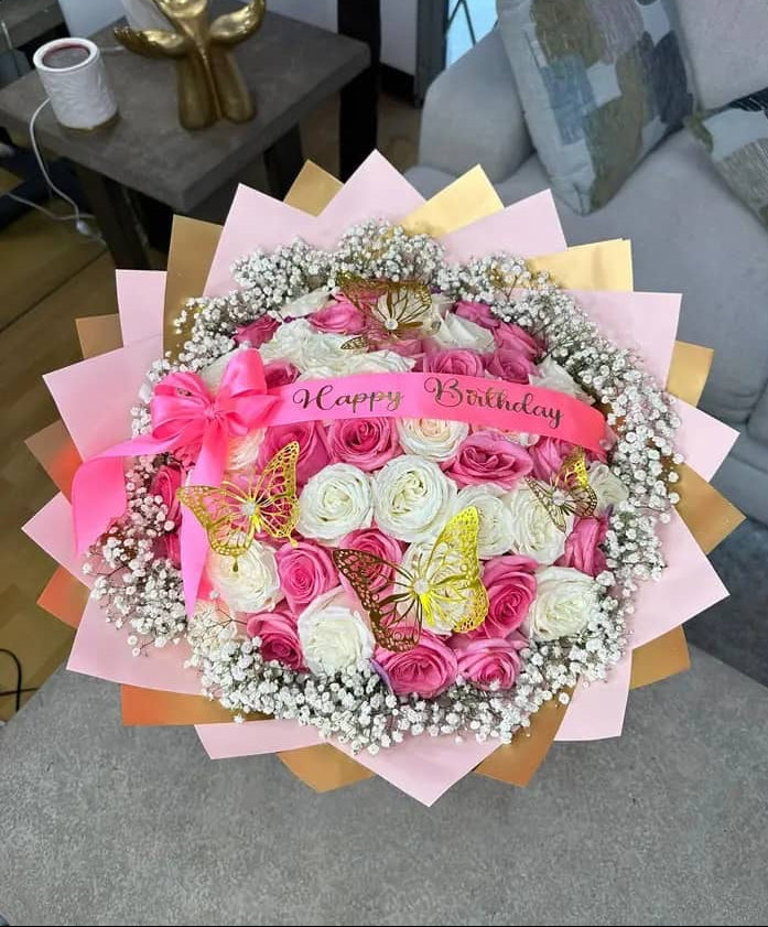 50 Roses white and Pink with gold pink paper – Lovely Flowers