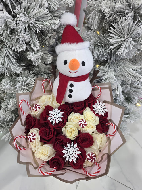 25 White and Red Roses Snowman Bouquet