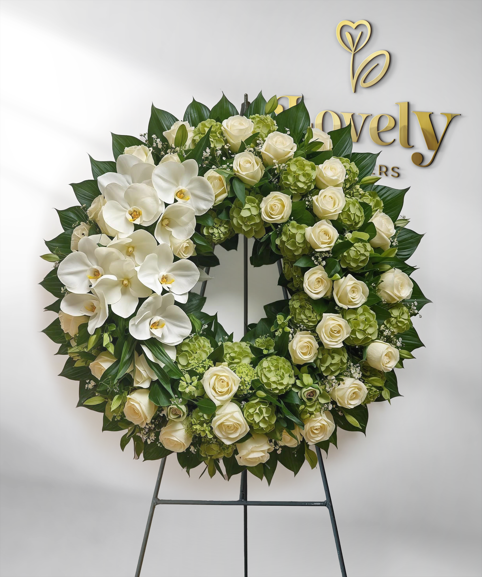 Elegant White Rose & Orchid Funeral Wreath