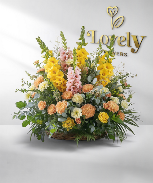 Sun-Kissed Golden Yellow and Peach Gladiolus Floral Basket