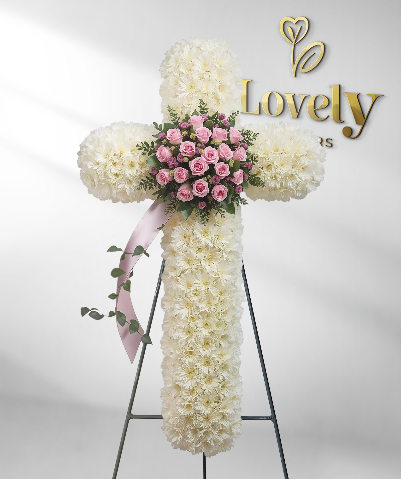 Elegant White Funeral Cross with Pink Roses