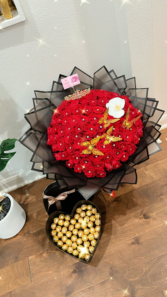 100 Red Roses with Chocolate Box