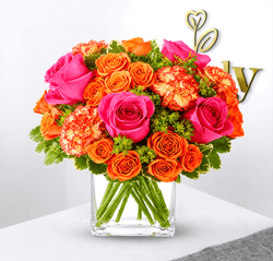 Intense Pink Roses & Orange Mini Roses Arrangement
