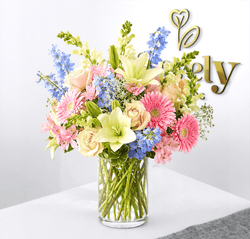 Light Blue Delphinium & Pink Floral Vase Arrangement