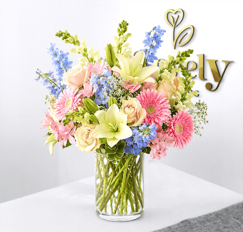 Light Blue Delphinium & Pink Floral Vase Arrangement