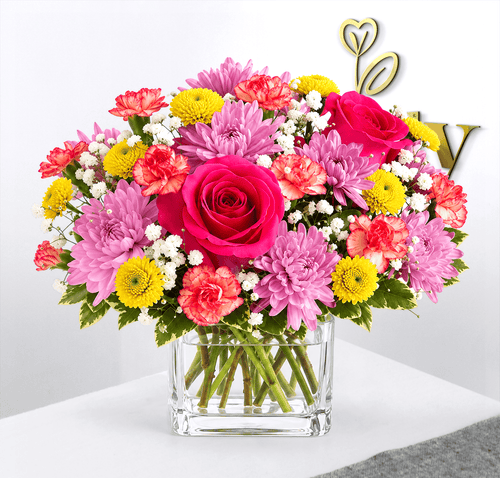 Fuchsia Rose & Pompon Mixed Floral Arrangement
