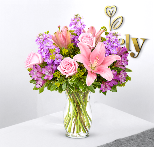 Pink Roses, Lilies & Lavender Stock Arrangement