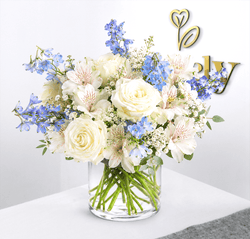 White Roses & Blue Delphinium Vase Arrangement