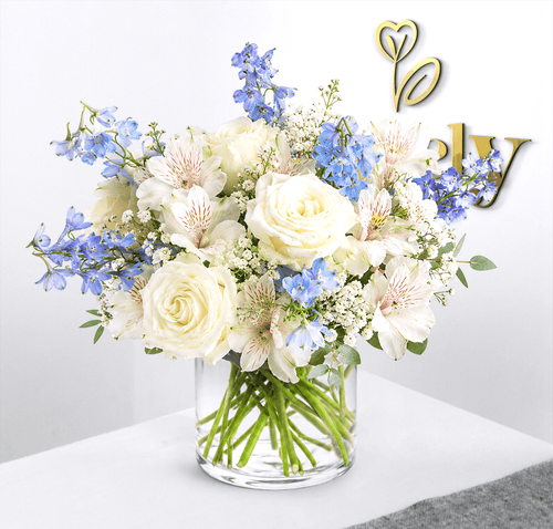 White Roses & Blue Delphinium Vase Arrangement