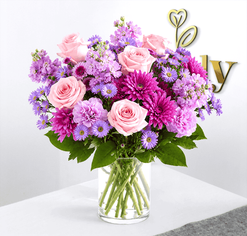 Pink Roses & Lavender Floral Vase Arrangement