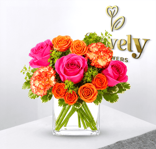 Intense Pink Roses & Orange Mini Roses Arrangement
