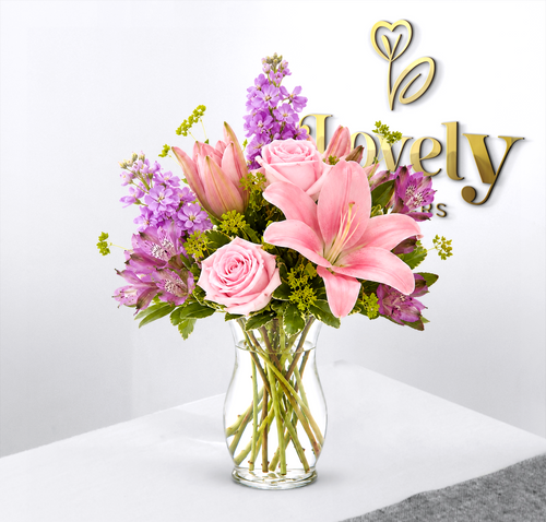 Pink Roses, Lilies & Lavender Stock Arrangement