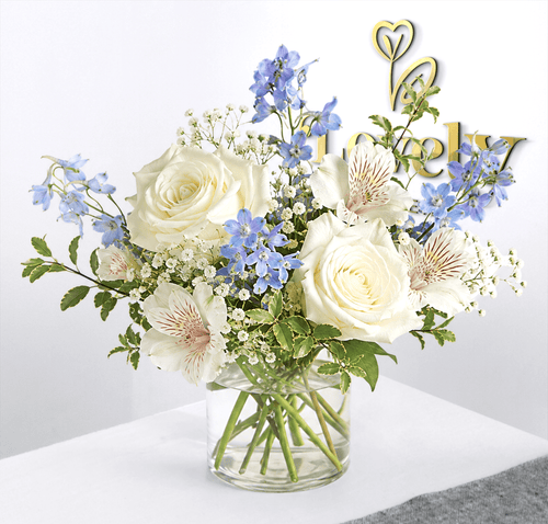 White Roses & Blue Delphinium Vase Arrangement