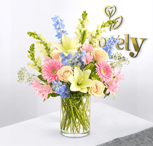 Light Blue Delphinium & Pink Floral Vase Arrangement