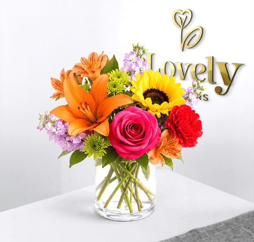 Hot Pink Roses & Sunflower Vase Arrangement