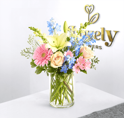 Light Blue Delphinium & Pink Floral Vase Arrangement