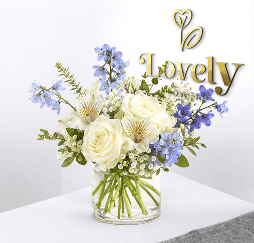 White Roses & Blue Delphinium Vase Arrangement