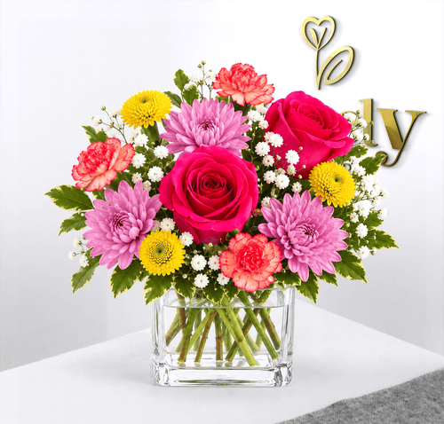 Fuchsia Rose & Pompon Mixed Floral Arrangement