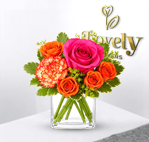Intense Pink Roses & Orange Mini Roses Arrangement