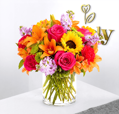 Hot Pink Roses & Sunflower Vase Arrangement