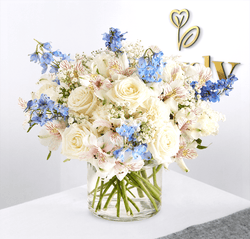 White Roses & Blue Delphinium Vase Arrangement