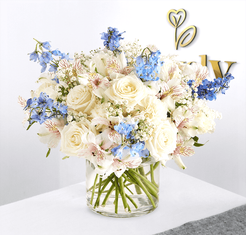 White Roses & Blue Delphinium Vase Arrangement