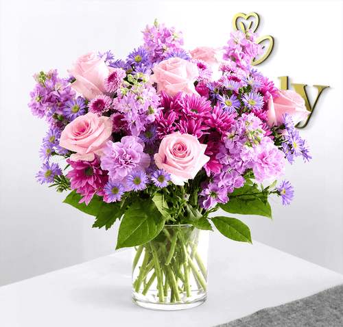 Pink Roses & Lavender Floral Vase Arrangement