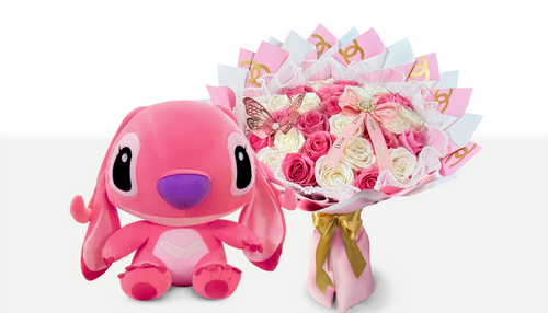 25 Pink and White Roses + Pink Stitch