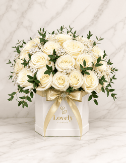 Ivory Grace Rose Corner Box, 50 White roses