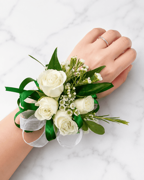 Model #10 Corsage Green & White Graduation