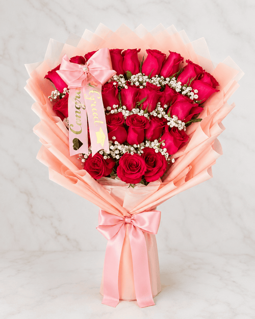 25 Red Roses Graduation Flat Bouquet