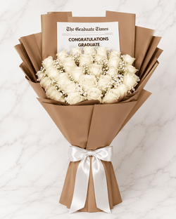 28 White Roses + Graduation Newspaper Style