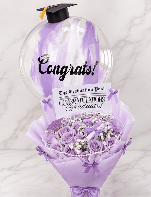 25 Lavender Graduation Roses Bouquet + Personalized Balloon