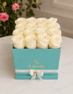 Medium Tiffany Square Box with 16 White Roses