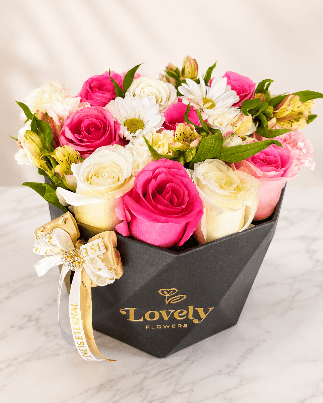 Black Diamond Box - 10 Pink & White Roses + Mix flowers